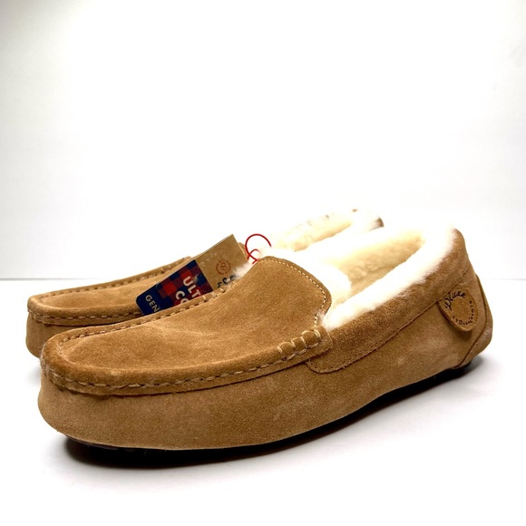 Dearfoams Women’s Dluxe Fernie Genuine Shearling Moccasin Slippers Tan 6 - Picture 5 of 9